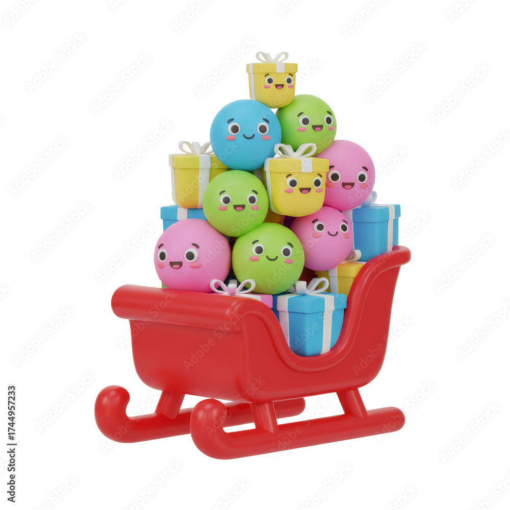 Obraz premium Whimsical Holiday Sleigh Overflowing with Smiling Gifts, Festive Joy, and Cartoon Cuteness