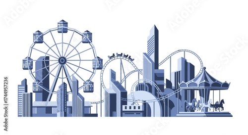 Stylized Illustration of a Cityscape with Amusement Park Attractions.