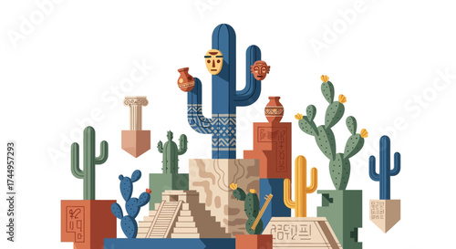 Stylized illustration of various cacti and ancient Mesoamerican structures.
