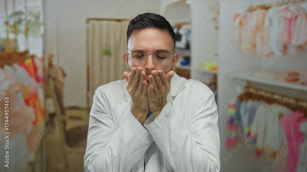 Naklejka premium Young hispanic man in a white coat feeling cold in a colorful clothing shop, hands pressed together, surrounded by racks filled with vibrant garments, creating a cozy shopping scene.