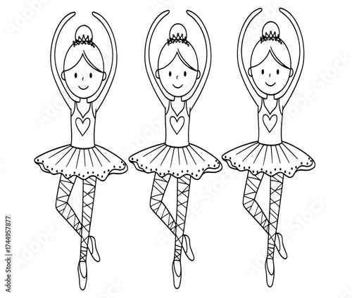 Vector art of three cute ballerinas in tutu and pointe shoes dancing, a delightful coloring page for kids