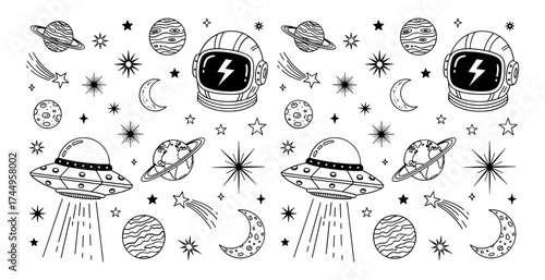 Vector art of a collection of space doodles showcases the wonders of the cosmos with charming illustrations