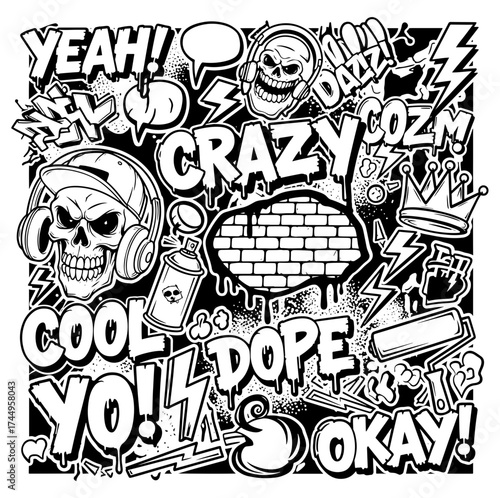 Vector art of graffiti art featuring skulls, speech bubbles, and urban slang for edgy and expressive designs