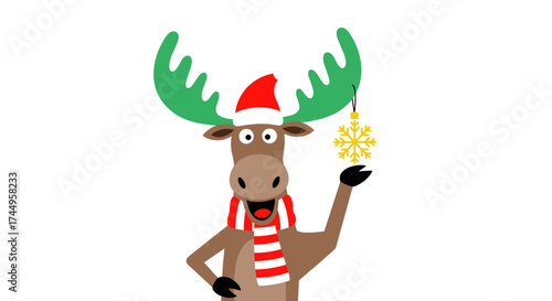 A happy reindeer wearing a santa hat and a striped scarf holding a snowflake ornament.