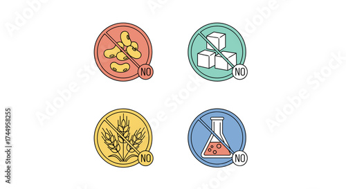 Food allergy and dietary restriction symbols including nuts sugar gluten and artificial ingredients.