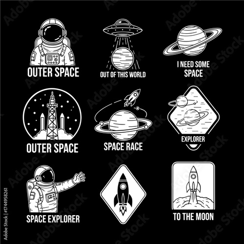 Vector art of collection of outer space themed vector illustrations featuring astronauts, planets, rockets, and ufos on a