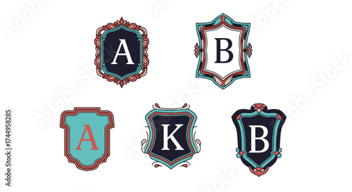 Five elegant heraldic crests with embossed letters inside.