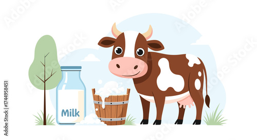 A cute cartoon cow stands next to a milk bottle and a wooden bucket overflowing with fresh milk on a farm.
