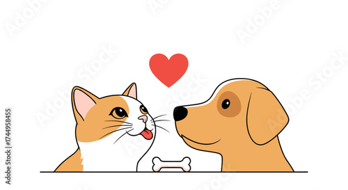 A charming illustration of a cat and dog sharing a sweet moment.