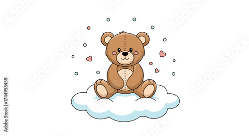 A fluffy teddy bear sits happily on a soft cloud surrounded by gentle falling snow and delicate pink petals.
