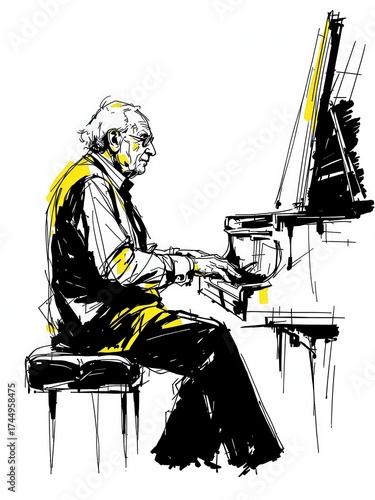 Dynamic sketch illustration of a mature man passionately playing a grand piano, isolated on white background.