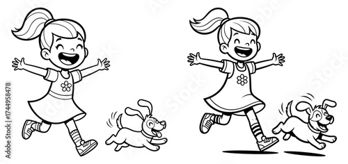 Vector art of a cheerful little girl runs with her playful puppy, , a heartwarming scene of childhood joy
