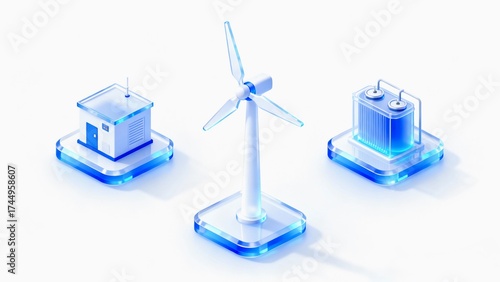 Fototapeta Naklejka Na Ścianę i Meble -  A 3D wind power station icon with a blue gradient, with a transparent frosted glass texture, representing wind power generation