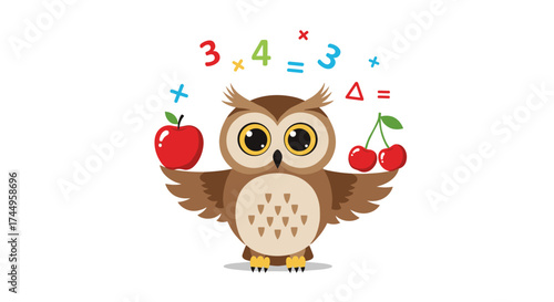 An owl balances an apple and cherries while math equations float around it.