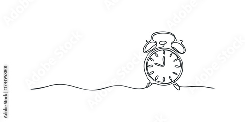 Continuous line drawing of an alarm clock on a wavy line