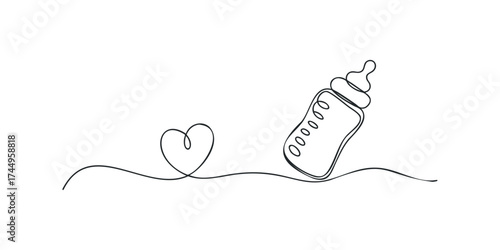 Single Line Drawing of Baby Bottle and Heart