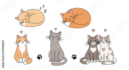 Adorable collection of various cute cats sleeping and sitting together showcasing their playful and loving nature.