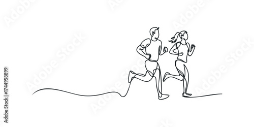 Couple running together in a minimalist line art style