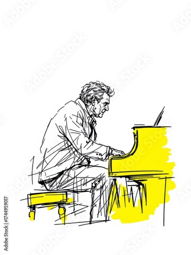 Dynamic sketch illustration of a mature man passionately playing a grand piano, isolated on white background.