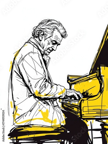Dynamic sketch illustration of a mature man passionately playing a grand piano, isolated on white background.