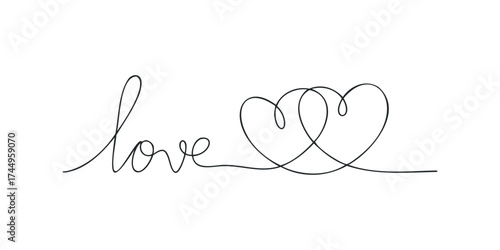 Continuous line drawing of word love with two intertwined hearts