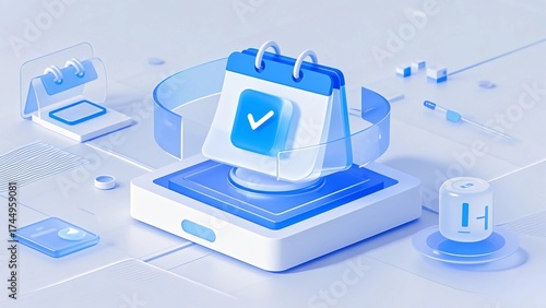 A blue gradient 3D calendar icon with transparent frosted glass texture, indicating a time mark.