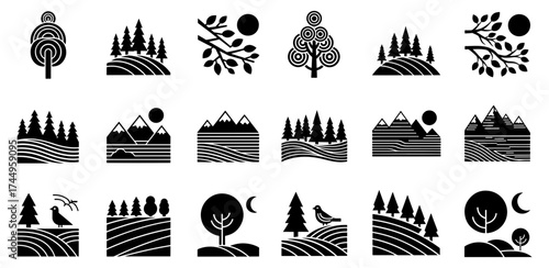 Vector art of set of black and white landscape icons tree, forest, mountain, hill, sun, moon, and bird