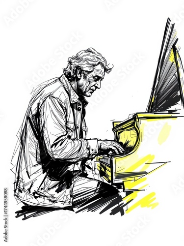 Dynamic sketch illustration of a mature man passionately playing a grand piano, isolated on white background.