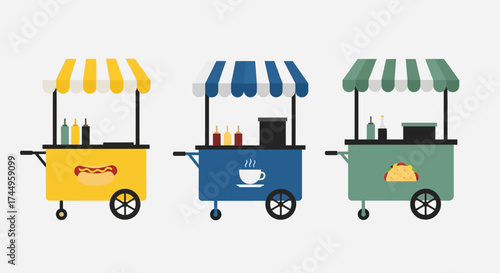 Three colorful food carts with awnings and wheels offering different food items.