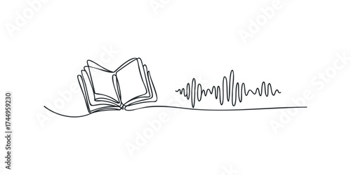 Open book with sound wave line drawing