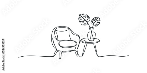 Minimalist chair and plant on table continuous line drawing