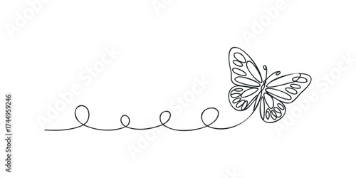 Single line drawing of a butterfly with a trailing swirl