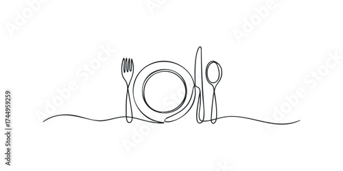 Continuous Line Drawing of Plate and Utensils
