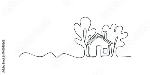 Simple house and trees line art drawing