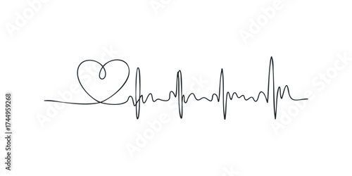 Continuous line drawing of a heartbeat with a heart symbol