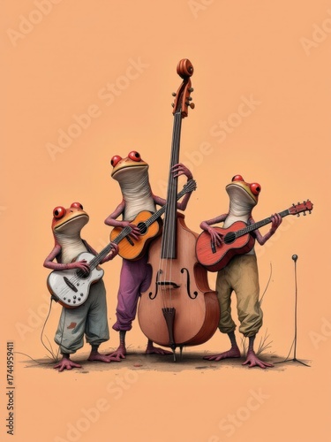 Trio of cute anthropomorphic frogs playing guitar and double bass in a music band on an orange background.