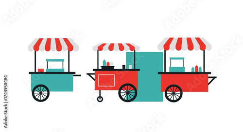 Three colorful food carts with striped awnings.
