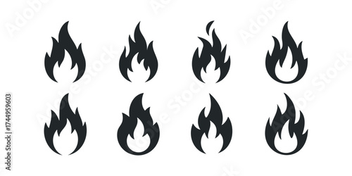 Collection of eight flame icons in silhouette form
