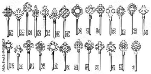 Vector art of collection of antique keys with intricate designs, vector illustration of vintage key set