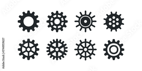 Eight stylized gear icons with various internal structures