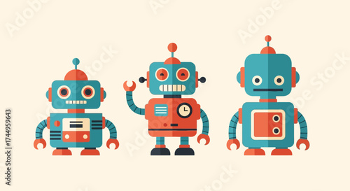 Three colorful retro robots standing side by side, each with a unique design and expression.