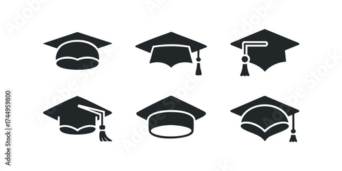 Six Graduation Caps with Tassels Set Collection Icons