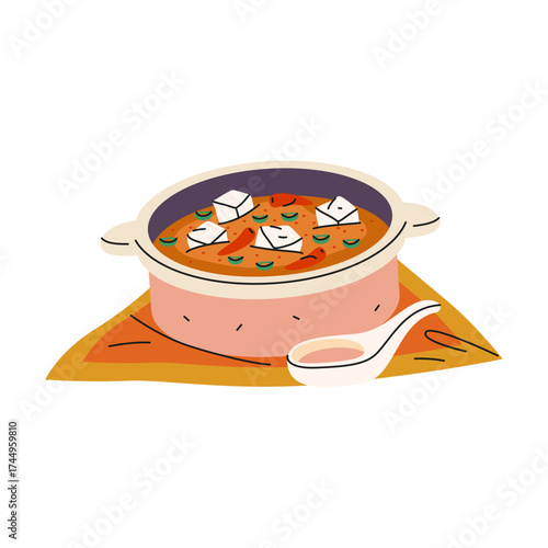 Ma Po tofu bowl dish. Vector Sichuan Chinese cuisine with bean and spicy chili sauce, minced meat. Traditional Asian gourmet culinary for restaurant menu or cooking recipe element. Food meal, dish.
