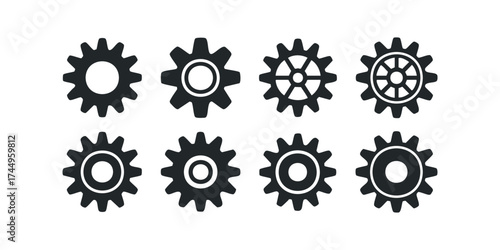 Eight black gear icons in a two-row arrangement