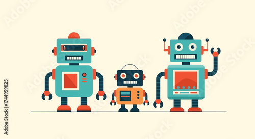 Three Cute Cartoon Robots Standing Together Family Style.