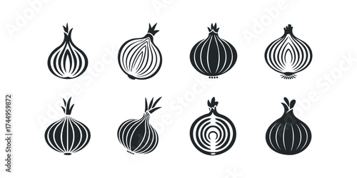 Collection of stylized onion graphics with internal layers