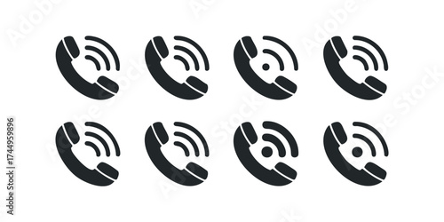 Eight Black Telephone Handset Icons with Sound Waves