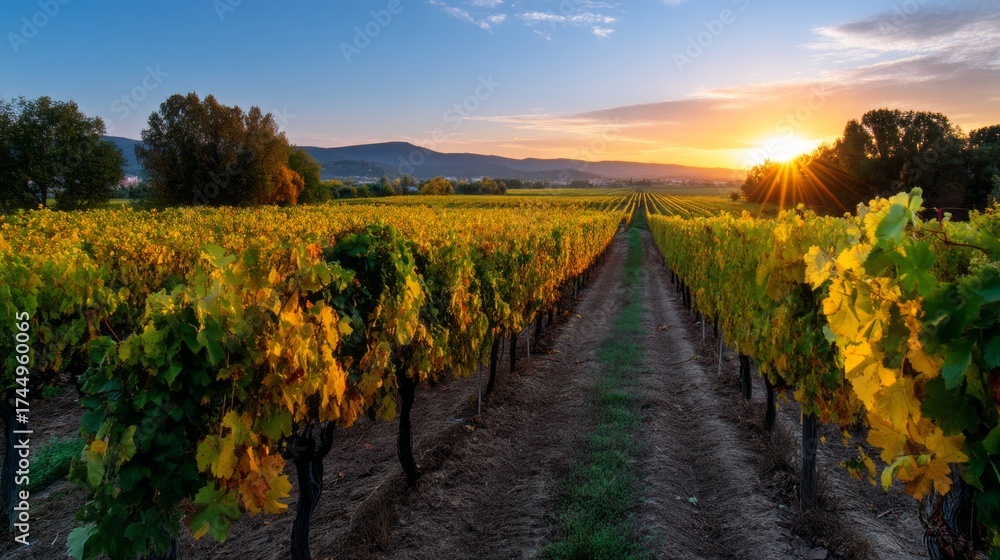 Naklejka premium A row of grape vines with the sun shining on them
