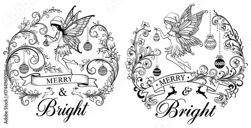 Vector art of two merry and bright christmas fairy ornaments with reindeer and baubles