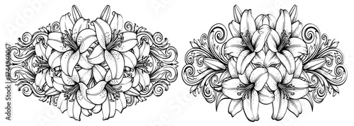 Vector art of two lily flower arrangements with flourish, decorative floral design element